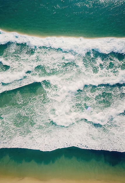Beach and waves from above Aerial view of a blue ocean Top view of the drone