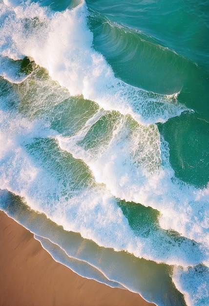 Beach and waves from above Aerial view of a blue ocean Top view of the drone