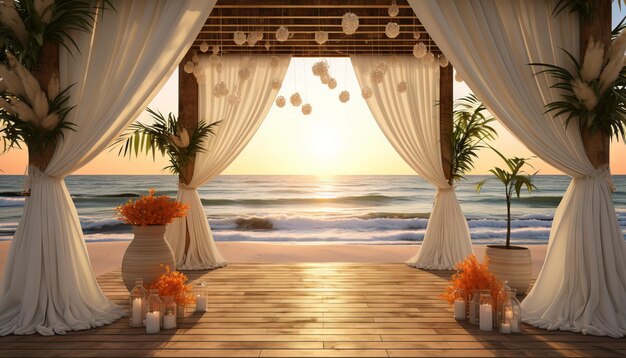 beach wedding stage at sunset with a bamboo structure