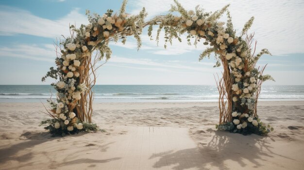 Premium AI Image | Beach wedding with a beautiful altar and flowers Sea ...