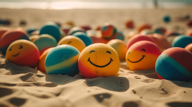 A beach with balls and smiley face on it