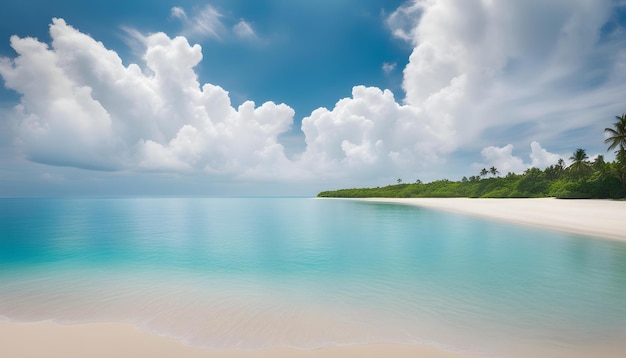 a beach with a beach and a blue sky with clouds