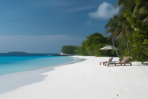 A beach with a beach chair and umbrellas on the beach