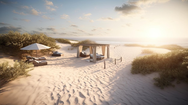 beach with beach chairs and umbrellas