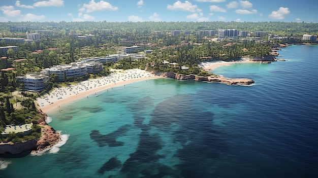 a beach with a beach and a hotel on the left