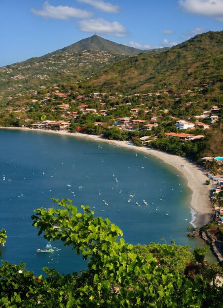 a beach with a beach and a mountain in the background