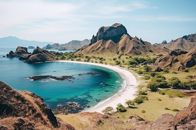 a beach with a beach and mountains in the background