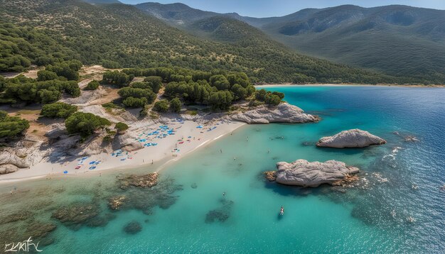 a beach with a beach and mountains in the background