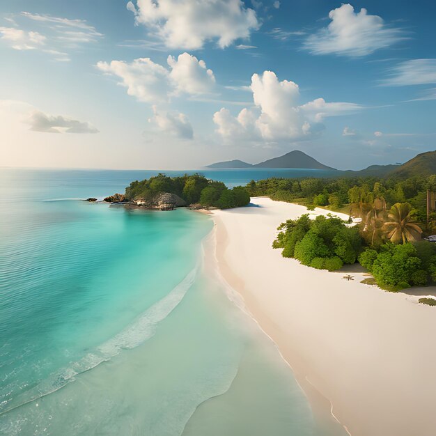 Photo a beach with a beach and a palm tree covered island in the distance