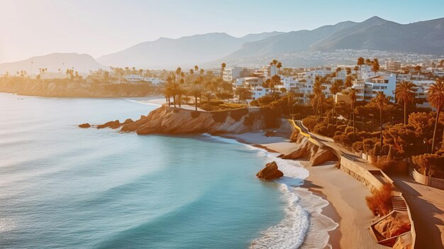 a beach with a beach and palm trees