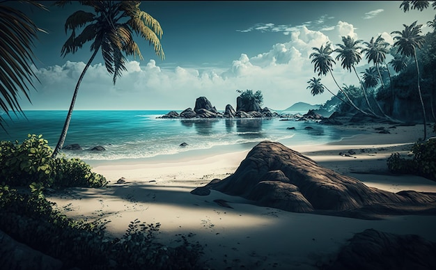 A beach with a beach and palm trees