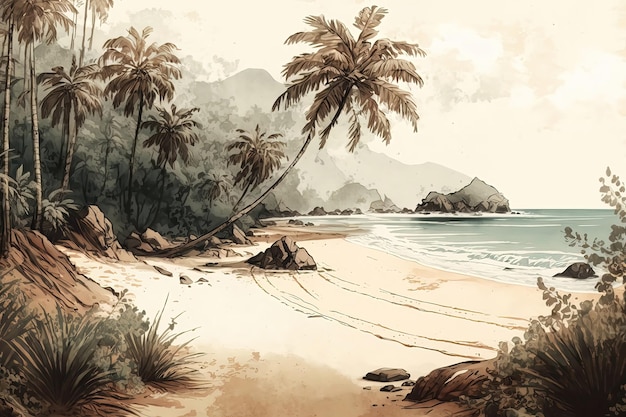 A beach with a beach and palm trees