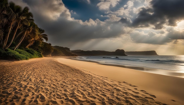 a beach with a beach and a rock in the background