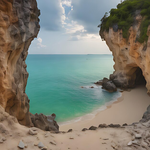 Photo a beach with a beach and a rock formation with a beach in the background