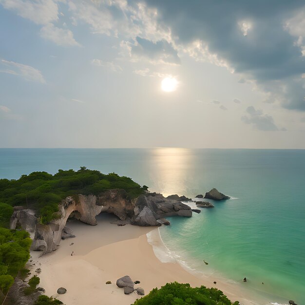 Photo a beach with a beach and a sun shining on the water