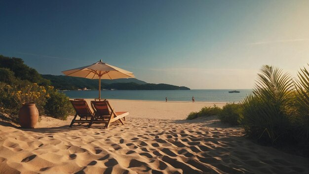 Photo a beach with a beach umbrella and a beach chair