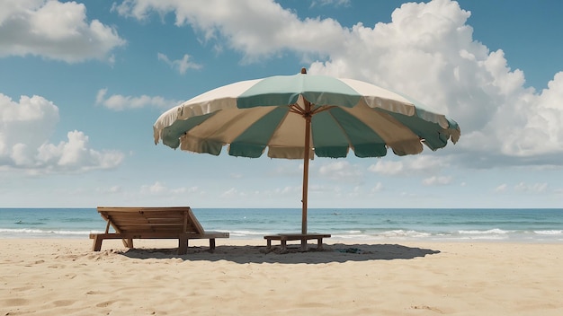 a beach with a beach umbrella and a bench on the sand