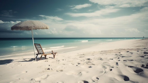 A beach with a beach umbrella and a chair on it