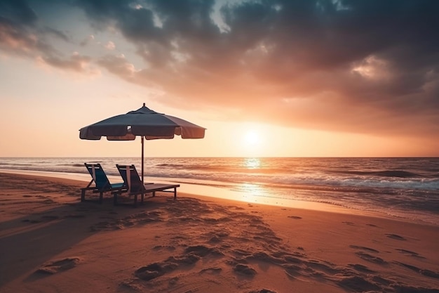 A beach with a beach umbrella and chairs on it