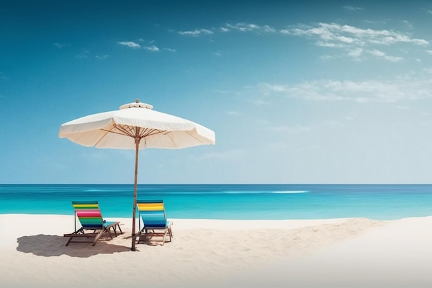 A beach with a beach umbrella and chairs on it