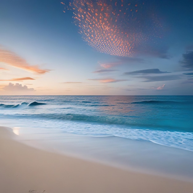 A beach with a beautiful sunset and a cloud in the sky