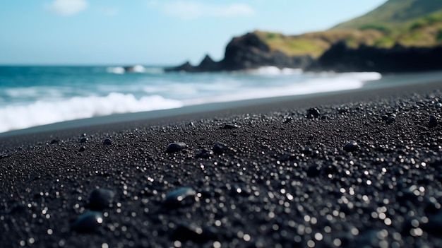 写真 砂浜の黒い小石 砂と小石が ぼんやりしたビーチラインに反する