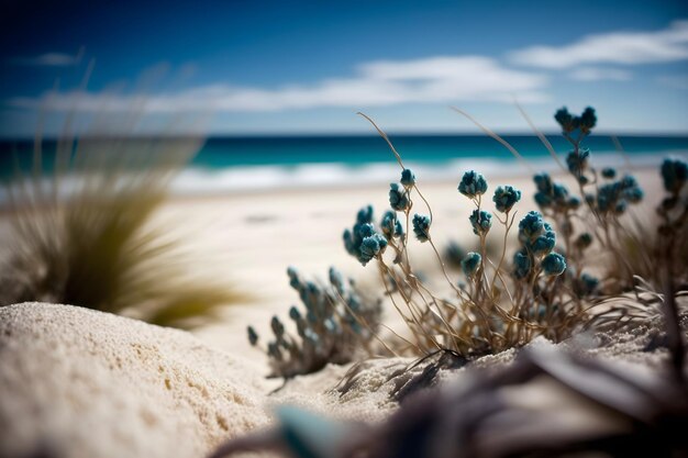 A beach with blue flowers on it and the ocean in the background.