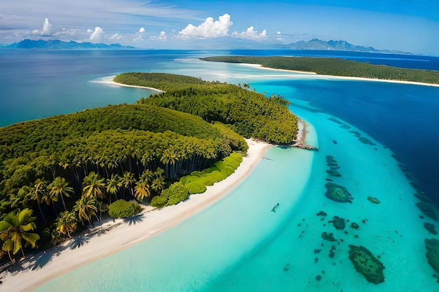 A beach with a blue lagoon and a white sand beach.