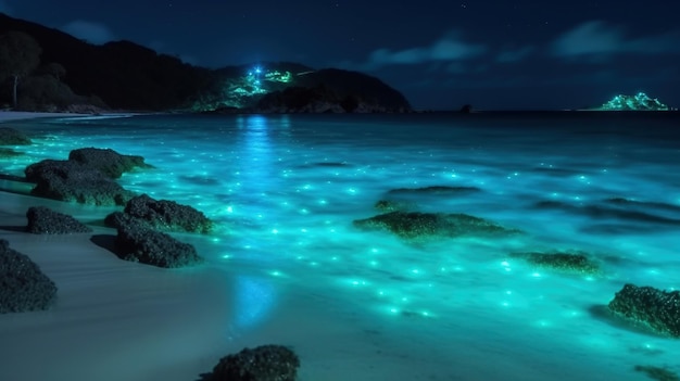 'beach'라고 적힌 파란 불빛이 비치는 해변