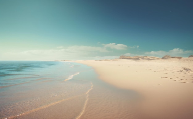 A beach with a blue sky and a beach in the foreground