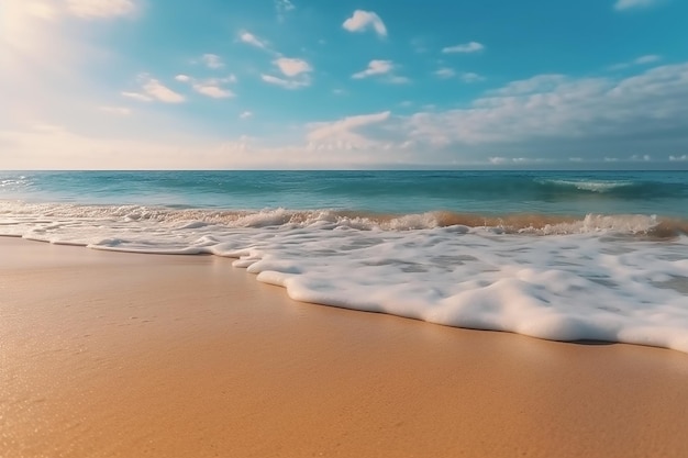 Beach with a blue sky and a beach with waves crashing on it