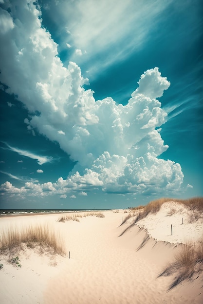 A beach with a blue sky and clouds