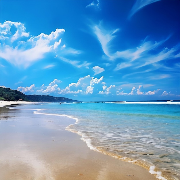 A beach with a blue sky and clouds