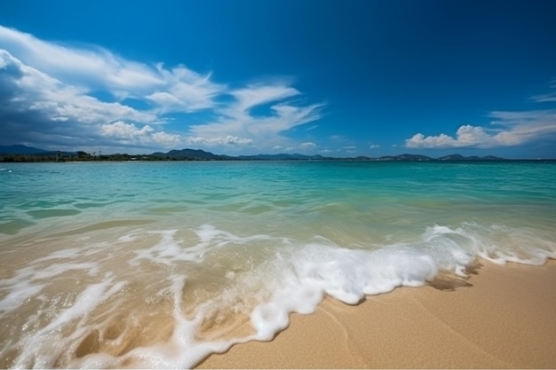 A beach with a blue sky and clouds