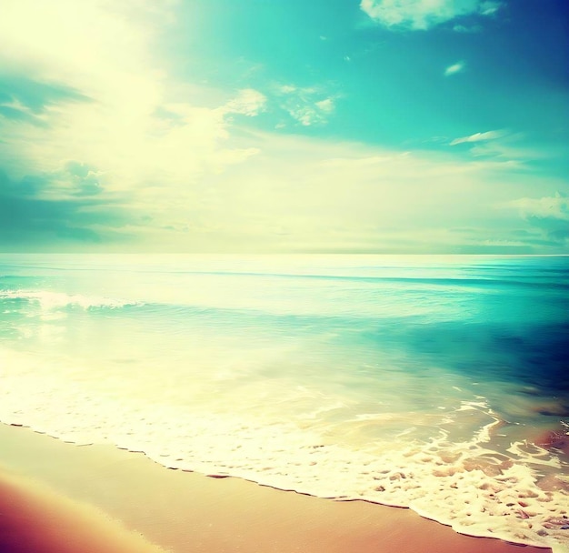 A beach with a blue sky and the ocean in the background