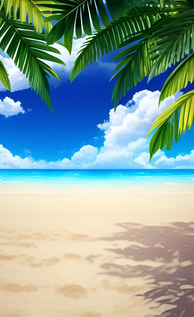 A beach with a blue sky and palm trees