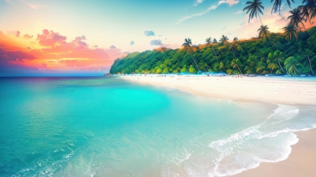 A beach with a blue sky and palm trees