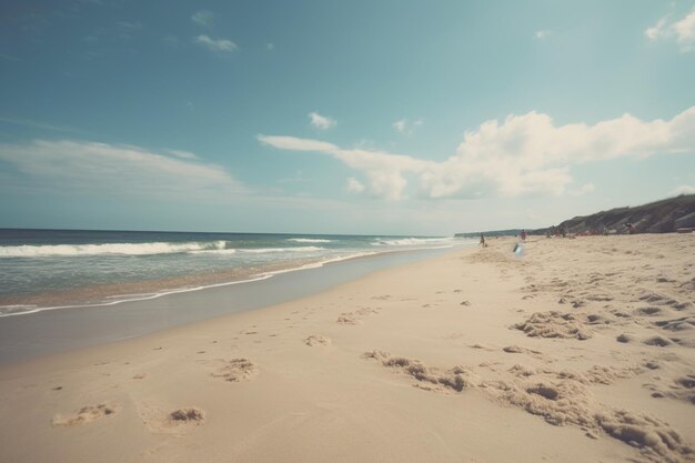 A beach with a blue sky and a person on it