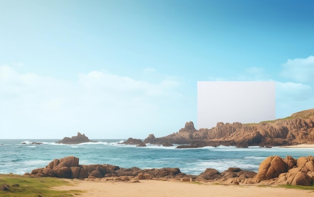 A beach with a blue sky and a picture of a lighthouse on the horizon