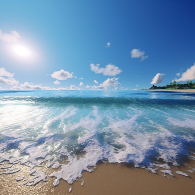 A beach with a blue sky and the sun shining on it