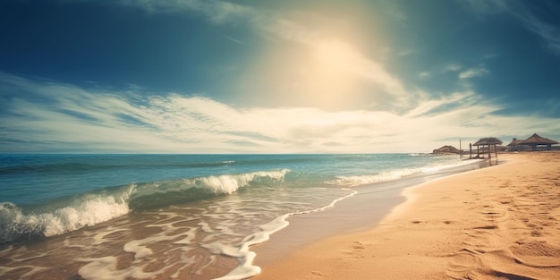 A beach with a blue sky and a sun