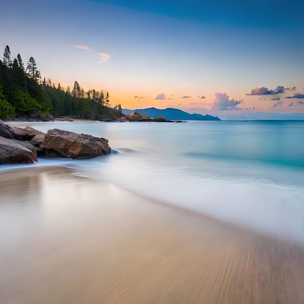 A beach with a blue sky and trees in the background