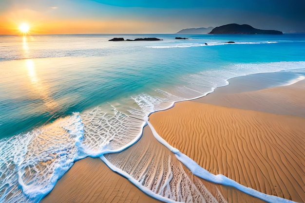 Foto una spiaggia con un cielo blu e un'onda che si infrange sulla sabbia.