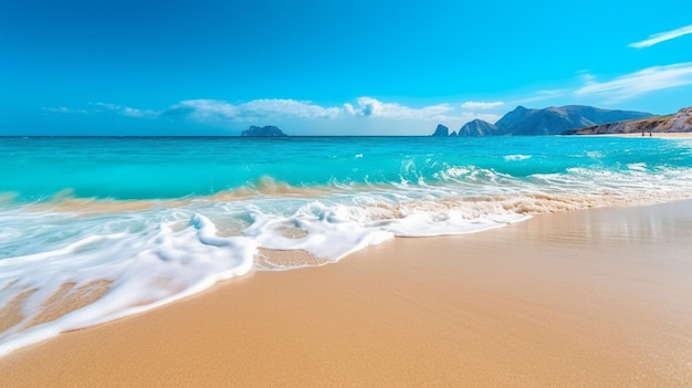 A beach with a blue sky and a white sand beach with a small beach and mountains in the background.