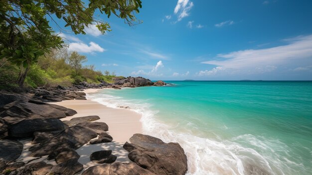 A beach with a blue sky and white sand