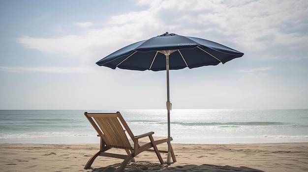 A beach with a blue umbrella and a beach chair