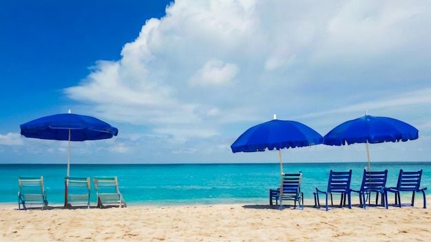 a beach with blue umbrellas and chairs on the sand