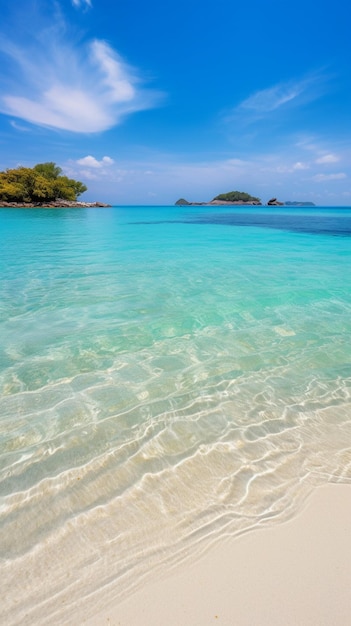 A beach with a blue water and a green island in the background