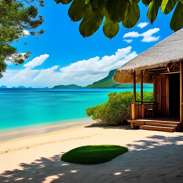 A beach with a blue water and green trees