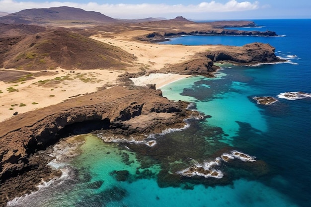 Photo a beach with a blue water and a mountain in the background